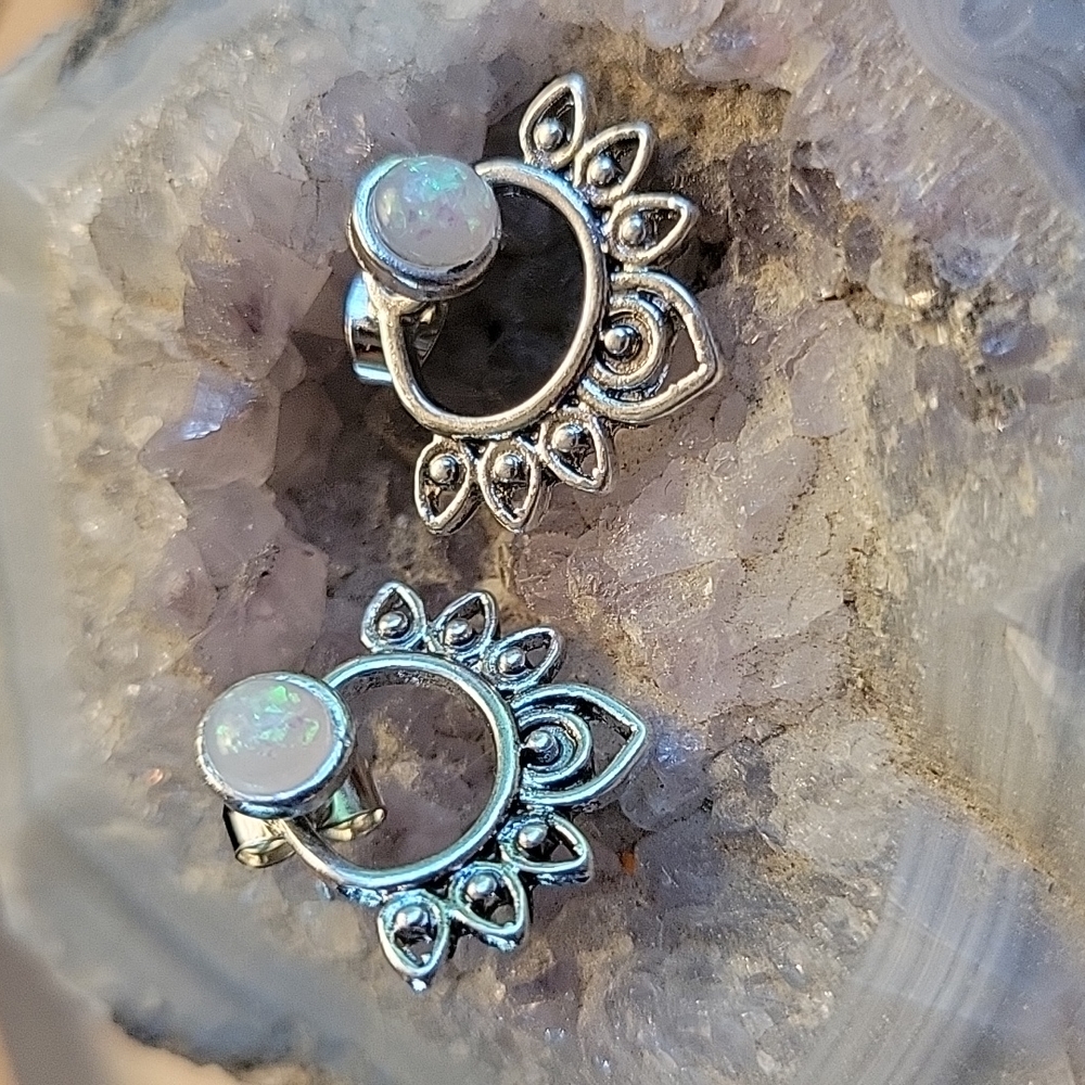 💥RESTOCKED💥Zen Lotus Silver and Opalescent Moonstone Jacket Earrings - Picture 2 of 5